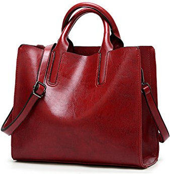 Coolives Damen Shopper Tasche aus PU-Leder mit Schulterriemen Schultertasche Umhängetasche Quadrat Handtasche für Frauen Weinrot EINWEG