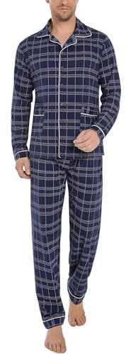 iClosam Pyjama Homme Hiver Coton 2 Pièces Pyjama Long Chaud à Carreaux Ensemble de Pyjamas avec Bouton Vêtements de Nuit Col V avec Poches Confortable