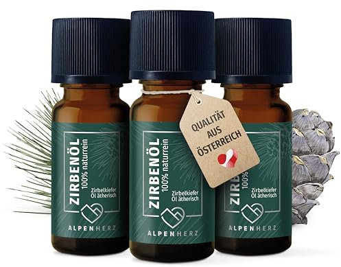 ALPEN HERZ Zirbenöl 30ml (3 x 10ml) - 100% naturreines & ätherisches Zirbelkieferöl aus Österreich - Duftöl als Raumduft für Duftlampen, Zirbenwürfel & Diffuser - Zirbelkiefer Öl