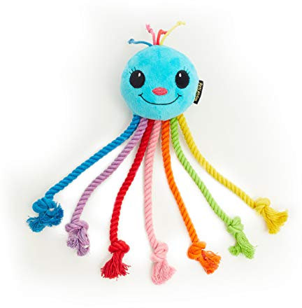 Pet London Rainbow Octopus Puppy Teething Rope Chewing Toy 12 - Soft Plush Puppy with Squeaker Inside - 7 Dangling Multicolour Rope Legs - Great Tug Training Teething Toy With Flossing Action