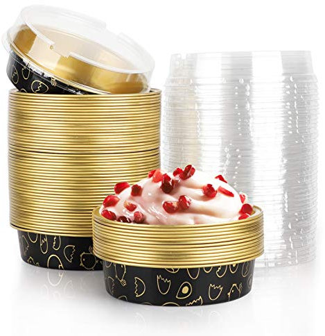 Beasea Juego de 50 sartenes para tartas desechables de 4 pulgadas con tapas, color negro dorado aluminio para tarta de tarta de papel de dibujos animados, bandejas para horno redondo para hornear