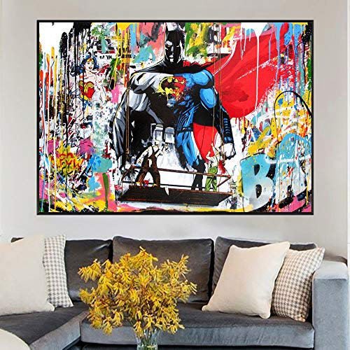 Toile de peinture Abstrait Superman et Batman aquarelle Graffiti Street Art peinture sur toile Art mural pour bande dessinée super-héros décoration de la maison 60x90cm