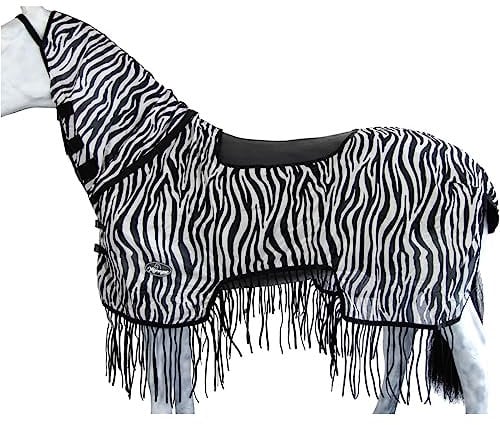 Marengos - Zebra Fliegenausreitdecke mit Fransen | Pferdedecke mit Sattelausschnitt & Halsteil | Schutz vor Insekten | feinmaschige Fliegendecke | Outdoor-Pferdedecke in Schwarz/Weiß | 125 cm