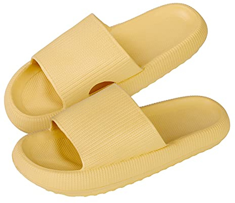 MUYOGRT Cloud Sliders Women Men, Non-Slip Cloud Slippers Women Summer, Soft Flip Flops Bathroom Slippers, Pillow Sliders for Pool Shower Beach(Yellow, 8/9)