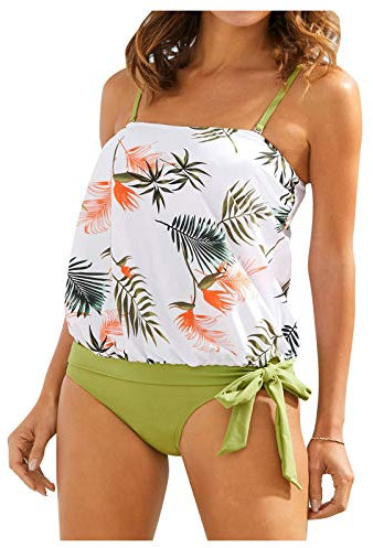 JJPAR Tankini Cache Maillot de Bain Taille Haute Fleuri Femme 2 Pieces Amincissant Gainant Ventre Plat Sexy Impression Bikini Tankini Bustier Shorty Pas Cher Sport Plage Fête Yacht Blanc XL