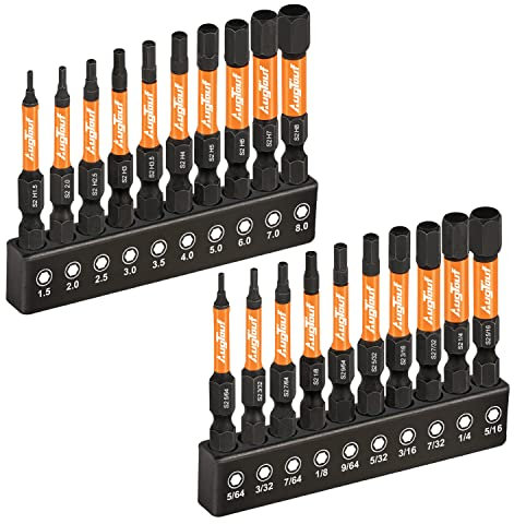 toolant Impact Hex Head Allen Wrench Drill Bit Set 20pcs (Metric&SAE), 1/4 Hex Shank S2 Steel Bits Set, CNC Machined Tips with Magnetism, 2 Long with Storage Box