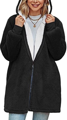TOMEEK Giacca in Pile con Cappuccio Lungo da Donna Oversize Manica Lunga Soffice Cappotto in Peluche Caldo Giacca in Pile Teddy Giacca Invernale con Cappuccio Capispalla Cardigan,Nero,S
