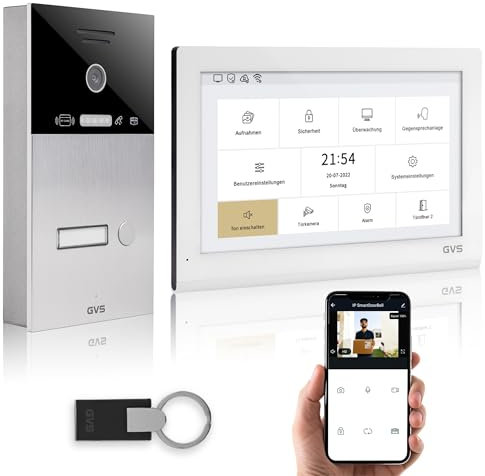 GVS - IP Video Türsprechanlage mit Türöffner, RFID Zugang, HD Kamera, 1x 10 Zoll Monitor & App - Smarte Video Türklingel mit Kamera & Gegensprechanlage für 1 Familienhaus (AVS5419A)