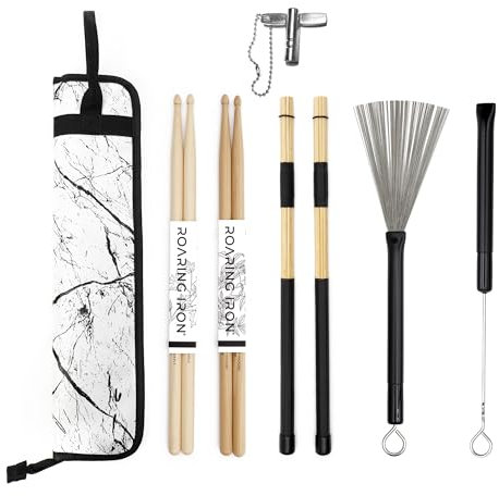 Set mit Marmormuster Leder Drumstick Tasche mit 5A Hickory Drumsticks, 5A Maple Drumsticks, Drum Brushes, Rute Sticks und Drum Key