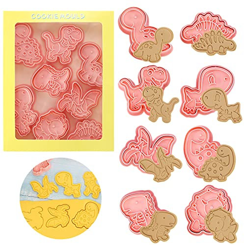 Dinosaurier Ausstecher, 8 Stück Ausstechformen Kinder, Keksausstecher, Plätzchen Ausstecher, Cookie Cutter kinder, Keksstempel, 3D Keks Ausstechform für Fondant, Kuchendeko, Backen Küche Zubehör