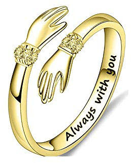 QKEPCY Umarmung Ring Damen 925 Sterling Silber Offener Ring Verstellbar Verlobungsring Gravierte Worte Hände (Gold)