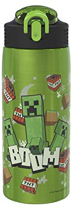 Zak Designs Minecraft Water Bottle for Travel and At Home, 19 oz Vacuum Insulated Stainless Steel with Locking Spout Cover, Built-In Carrying Loop, Leak-Proof Design (Creeper)