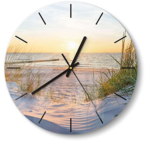 DEQORI Glasuhr | rund Ø 30 cm | Motiv Abendsonne an der Ostsee | ausgefallene leise Design Uhr aus Glas | Wanduhr für Wohnzimmer & Küche | moderne Hingucker Uhr für die Wand