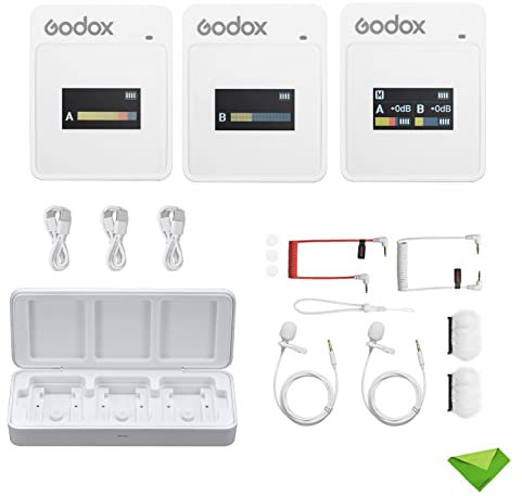 Godox MoveLink II M2 Wireless Lavalier Microphone, Lapel Microphone 2.4G Lavalier Mic, 100m(328ft) Range, with 2 Transmitter, 1 Receiver Charging Case for Smartphone, DSLR Camera for YouTube Volg, etc