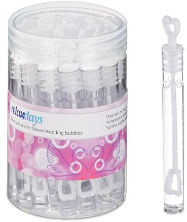 Relaxdays Seifenblasen Hochzeit, 24er Set, Seifenblasenröhrchen mit Herzgriff, Gastgeschenk, Herz-Seifenblasen, weiß