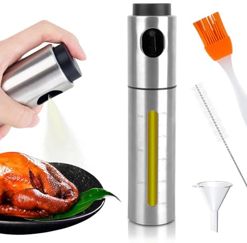 Pulverizador de aceite de 100 ml de acero inoxidable con embudo y cepillo de limpieza y pincel para hornear, pulverizador de aceite multifuncional para aceite de cocina con escala, adecuado para