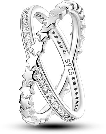 NARMO 925 Sterling Silber Ringe für Frauen Sterne Cross Line Ring Cubic Zirkonia Ring Statement Ring Größe 52mm