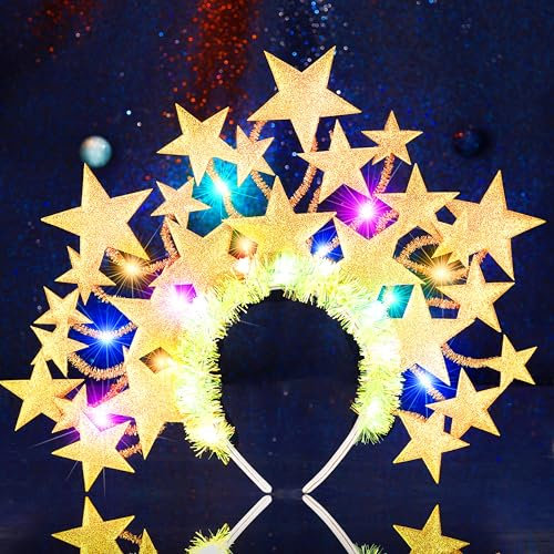 Fashband Leuchtendes Stern-Stirnband, glitzernde Sterne, Tiara, Halo-Krone, Stirnbänder, LED-Festival, Weihnachten, Karneval, Party, Haarschmuck für Frauen und Mädchen (Gold)