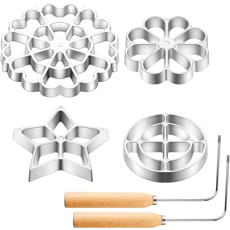Ziliny 6 Pcs Rosette Iron Mold Set Bunuelos Mold with Handle Cooking Stamp Maker Kit Cookie Cutter Aluminum Alloy Waffle Maker with 3 Interchangeable Head Star Flower Circle(Wood)