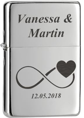Sturmfeuerzeug in Chrom-Optik mit individueller Gravur - Geschenk für Hochzeitspaare - für Silberhochzeit, Jahrestag und Verlobung - Feuerzeug aus Metall