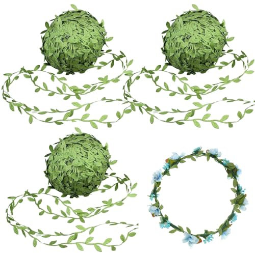 Sctmda Ruban Feuille Verte 3 Rouleaux Feuilles Vertes Ruban Faux Feuille Guirlande Ruban Vignes Artificielles Liane Artificielle Guirlande pour DIY Jardin Mariage Emballage Cadeau