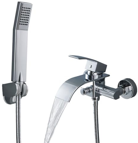 KINSE Badewannenarmatur mit Handbrause, Wannenbatterie Wasserfall mit Schlauch und Wandhalterung, Einhebel Badewanne Wasserhahn für Wanne und Dusche - Oberfläche Chrome