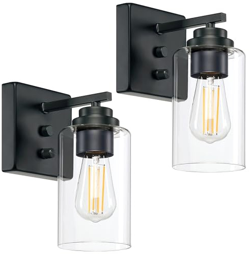 Wall Sconces Set of Two, Hardwired Wall Mounted Bedside Lamps with Rotary Switch, Matte Black Sconces Wall Lighting, Bathroom Light Fixtures with Clear Glass Shade, Wall Lights for Bedroom Living Room