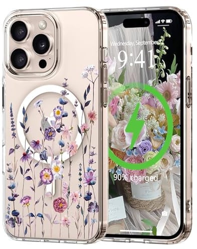 L-FADNUT Magnetisch Handyhülle für iPhone 13 Pro Max Hülle Kompatibel mit MagSafe, Transparent Blumen Muster Schutzhülle Hart PC Rückseite Dünne Stoßfest Kratzfestes Case für iPhone 13 Pro Max, Bunt