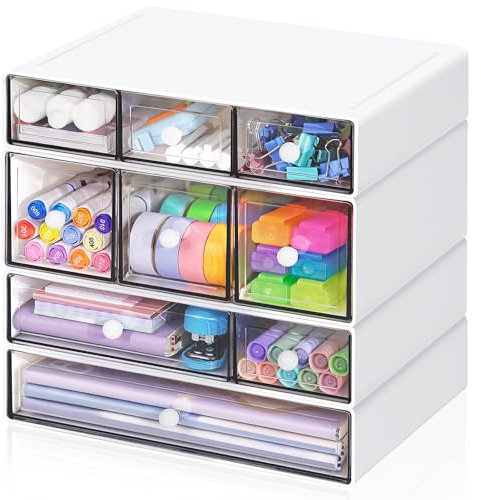 Desk Storage Organizer with 9 Drawers, ToyaJeco 4 Tiers Stackable Desktop Craft Storage Drawers, Clear Storage Box Caddy for Stationary Makeup Jewelry Office Craft Supplies (White)