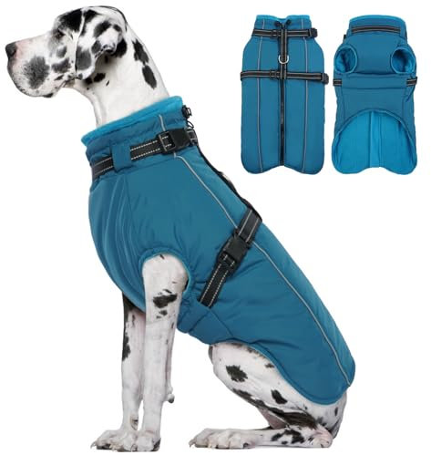Lelepet Hundemantel für den Winter, Warme Hundejacke mit integriertem Geschirr, Winddicht Mantel mit Fleece Gefüttert für Hunde, Reflektierende Hundeweste für Kaltes Wetter, Blau 3XL