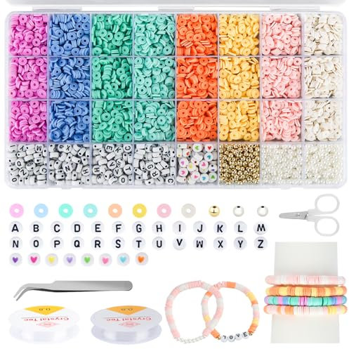 ZEFAN 5170 Stück Clay Beads Set, Makrone Farbe Heishi Perlen, 6mm Polymer Clay Perlen, Perlen für Armbänder Selber Machen mit Elastischen Schere und Pinzette für Schmuckherstellung