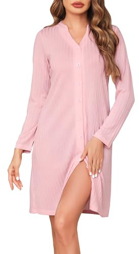 Vlazom Chemise de Nuit Femme Hiver à Manches Longues Robe de Nuit Chaude Col en V Vêtements de Nuit avec Boutons,Rose,L