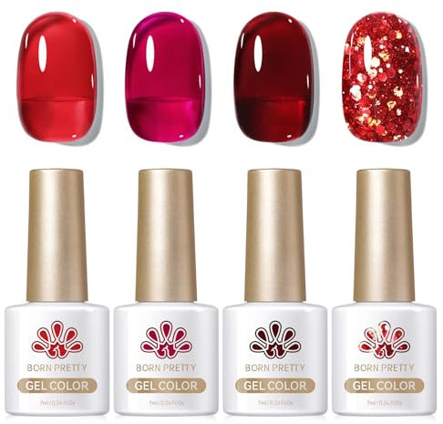 Born Pretty UV Nagellack Milky Jelly Milchig Rot Burgunder - Gel Nagellack UV Natur Kristall Transparent UV Lack Ruby Regalia Serie Maniküre und Nagelkunst DIY zu Hause 4PCS