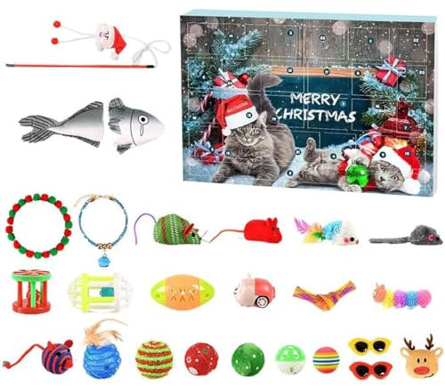 Adventskalender 2024 Kinder, Weihnachtsab Adventskalender 2024, 24 Tage Weihnachten Countdown -Kalender mit verschiedenen Katzenspielzeugen, interaktives Katzen -Adventskalenderspielzeug für Katzenli