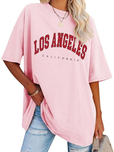 Dresswel T-shirt surdimensionné pour femme California Lettre imprimée Vintage T-shirt manches courtes col rond Haut d'été ample Chemisier long Tunique Top pour adolescentes filles, 1 rose clair, XL