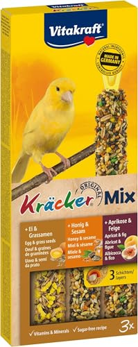 Vitakraft Kräcker Mix, Vogelsnack, Knabberstangen, mit Ei und Grassamen, mit Aprikose und Feige, mit Honig und Sesam, zur Schnabelpflege, ohne Zusatz von Zucker (1x 80g) (Packung mit 10)