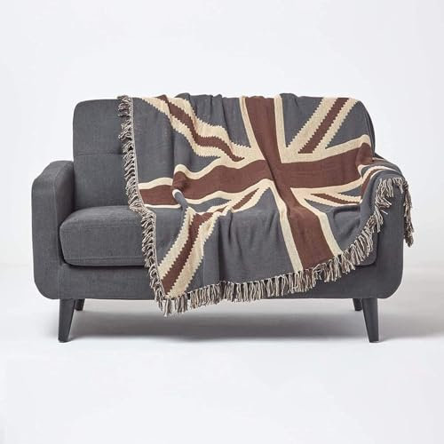 Homescapes Jacquard Decke Union Jack 150x200 cm, Baumwolldecke Vintage Style, Wohndecke blau-braun-Creme, Fransen-Decke britisch, Überwurf Sofadecke Baumwolle