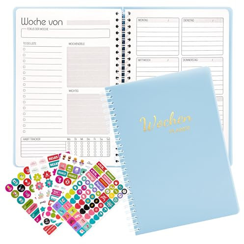 Fettwal Undatierter Wochenplaner, Terminplaner A5, Wöchentlicher Terminkalender mit To-Do-Liste, Notizfeld, 4 Aufkleber, 52 Blatt Terminplaner auf Deutsch Ringbuch mit Hardcover (Blau)