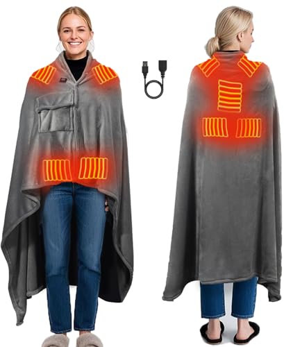 USB Heated Blanket, 67 x 51.2 Portable Battery Powered Cordless Electric Throw, Super Soft Cozy Wearable Heated Large Shawl Wraps for Office, 3 Heating Levels, Machine Washable, Battery Not Included