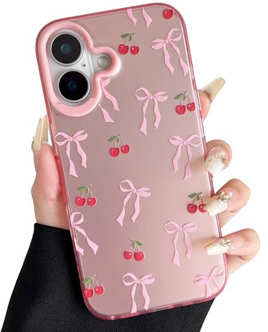 ZTOFERA Pink Bow Case for iPhone 16 Plus (6.7), Aesthetic Phone Case with Cute Ribbon Bowknot Pattern, Glossy Hard PC Back Case Silicone Bumper Shockproof Protective Cover for Girls Women - Cherry