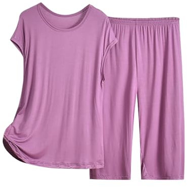 Pigiama estivo da donna in cotone, set pigiama da donna a maniche corte, gamba larga, pantaloni da salotto taglia 12-14 pantaloncini e maglietta pigiama in cotone taglia 12, Viola, 3XL
