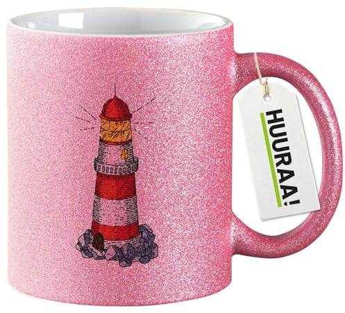 Huuraa Glitzertasse Leuchtturm Lighthouse Geschenk | Motivtasse 330ml Glitzer Tasse mit Spruch Pink Keramik Kaffeebecher Geschenkidee Pinker Glitter Becher mit Motiv