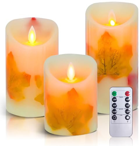 AiiBowy LED Kerzen, Ahornblatt Gelb [3er Set] LED Echtwachskerzen mit Fernbedienung & Timer für Wohnzimmer, Halloween, Weihnachten, Hochzeit Party