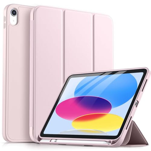 drivego Coque pour iPad 10ème Génération 2022 10,9 Pouces avec Porte-Stylet, à Trois Volets, Réveil/Sommeil Auto, Étui de Protecteur Housse Souple en TPU pour iPad 10 Coque 10,9 Pouces, Rose