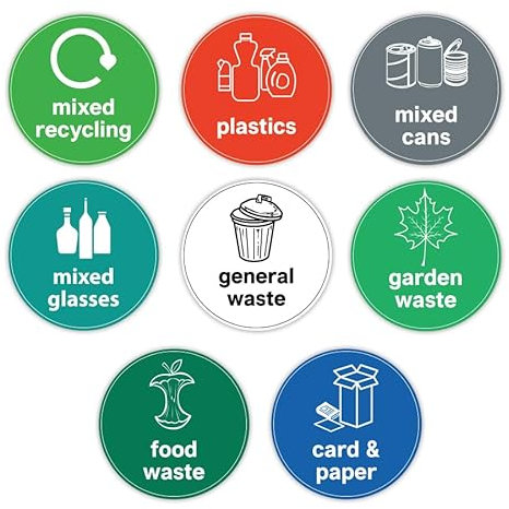 Pack of 8 Recycling Stickers for Bins (100 mm) Bin Labels Waste and Recycle Waterproof Bin Stickers Recycling