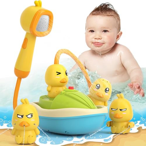 BIZOI Jouet de Bain Électrique Canard, Jouet Cascade de Douche, Jouet Bain Bébé avec Pommeau de Douche pour Les Anniversaires, Noël, Vacances Cadeau, Cadeaux de Fête des Enfants