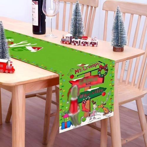 ALINK Grinch Tischläufer Weihnachten,Wasserabweisender Tischläufer in Grün, Modernes Weihnachtstischläufer Winter Weihnachtsdeko für Esstisch, Küche & Outdoor Deko-33x180 cm