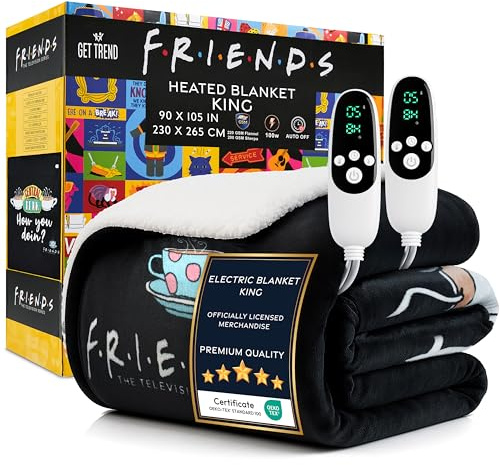 FRIENDS Coperta Elettrica King Size 230x265cm, Morbido Plaid in Pile Sherpa, 9 Impostazioni Calore e 12-Ore Timer Spegnimento Automatico (Nero Friends, King EU)