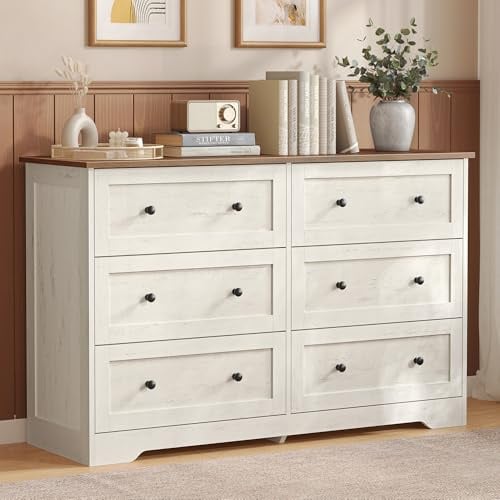 VASAGLE Kommode mit 6 Schubladen, Aufbewahrungsschrank aus Holzspanplatte und MDF, 120 x 40 x 78 cm, Weiß, Landhausstil, für Schlafzimmer, Flur, Siren Kollektion LTS663WJ01