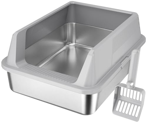 Lifewit Katzenklo Edelstahl mit Schaufel für Kätzchen, 44x34x19cm, Grau | Geruchsarme Katzentoilette, Leicht zu reinigen, Rostfrei, Kratzfest, Cat Litter Box mit hohem Rand verhindert Streu und Urin